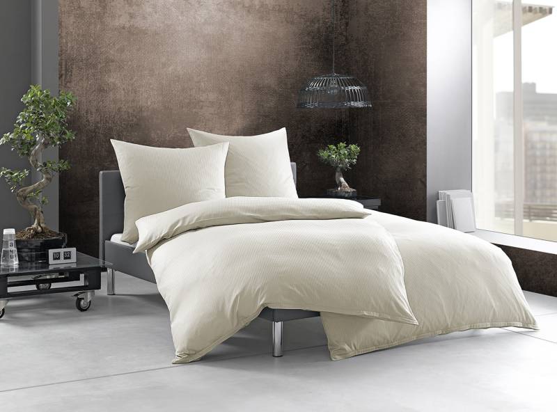 Bettwaesche-mit-Stil Mako-Satin Damast Streifen Bettwäsche „Linea“ natur 4mm gestreift Garnitur 155x220 + 80x80 von Bettwaesche-mit-Stil