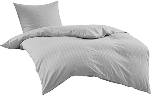 Bettwaesche-mit-Stil Mako Satin Damast Streifen Bettwäsche Garnitur Lima gestreift mit Reißverschluss (Grau, 135 x 200+ 80 x 80) von Bettwaesche-mit-Stil