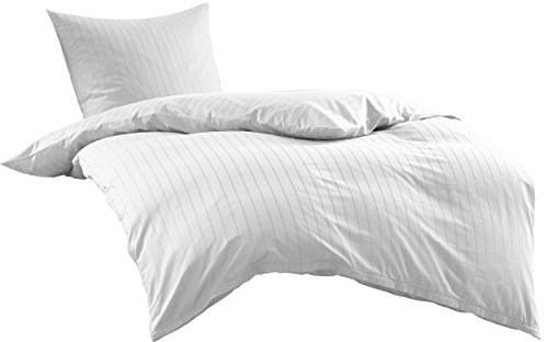 Bettwaesche-mit-Stil Mako Satin Damast Streifen Bettwäsche Garnitur Lima gestreift mit Reißverschluss (Weiß, 135 x 200+ 80 x 80) von Bettwaesche-mit-Stil