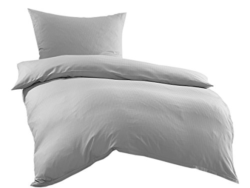 Bettwaesche-mit-Stil Mako-Satin Damast Streifen Bettwäsche Linea 4mm 100% Baumwolle gestreift (135cm x 200cm + 80cm x 80cm, Grau) von Bettwaesche-mit-Stil