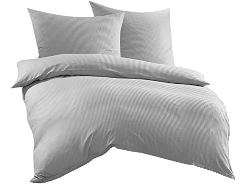 Bettwaesche-mit-Stil Mako-Satin Damast Streifen Bettwäsche Linea 4mm 100% Baumwolle gestreift (200cm x 200cm + 2X 80cm x 80cm, Grau) von Bettwaesche-mit-Stil