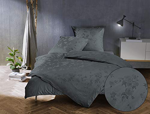 Bettwaesche-mit-Stil Mako Satin Jacquard Damast Bettwäsche Zoé Rose - Stahl grau - 135x200 + 80x80 cm Bettwaesche-mit-Stil Mako Satin Jacquard Damast Bettwäsche Zoé Rose - Stahl grau - 135x200 + 80x80 cm von Bettwaesche-mit-Stil