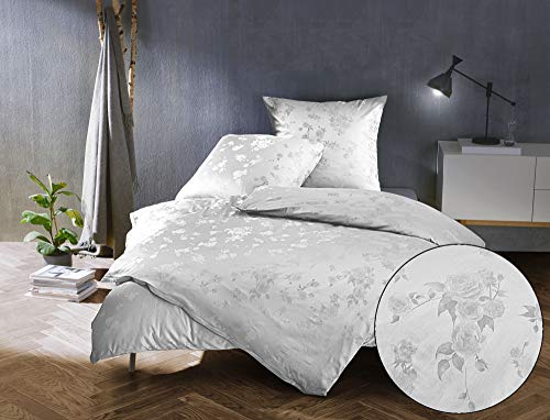 Bettwaesche-mit-Stil Mako Satin Jacquard Damast Bettwäsche Zoé Rose - weiß - Kissenbezug 80x80 cm von Bettwaesche-mit-Stil