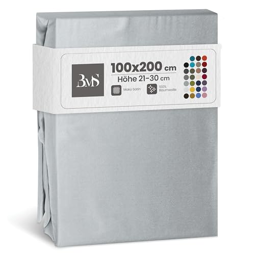 Bettwaesche-mit-Stil Mako Satin Spannbettlaken Spannlaken Spannbetttuch (100 cm x 200 cm, Matratzenhhöhe 21-30cm, Grau) von Bettwaesche-mit-Stil