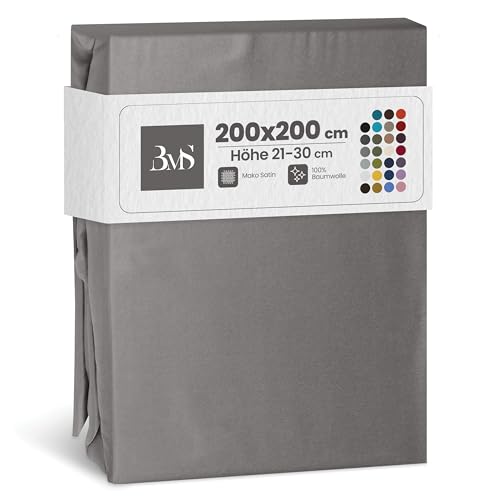 Bettwaesche-mit-Stil Mako Satin Spannbettlaken Spannlaken Spannbetttuch (200 cm x 200 cm, Matratzenhhöhe 21-30cm, Dunkelgrau) von Bettwaesche-mit-Stil