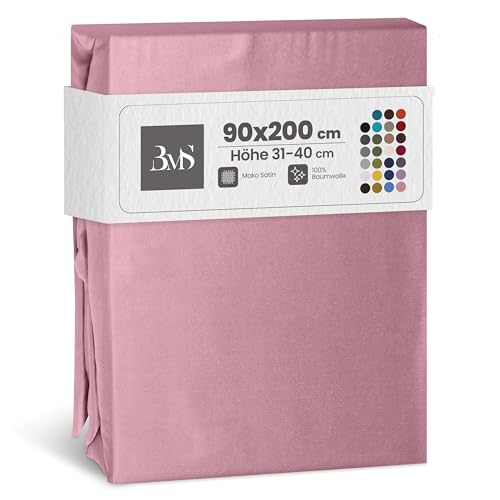 Bettwaesche-mit-Stil Mako Satin Spannbettlaken Spannlaken Spannbetttuch (90x200 cm, Matraztenhöhe Höhe 31-40 cm, Rosa) von Bettwaesche-mit-Stil