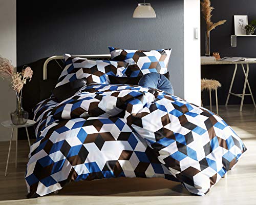 Bettwaesche-mit-Stil Moderne Mako Satin Bettwäsche geometrisch blau braun - Kissenbezug 40x80 cm - 100% Baumwolle von Bettwaesche-mit-Stil