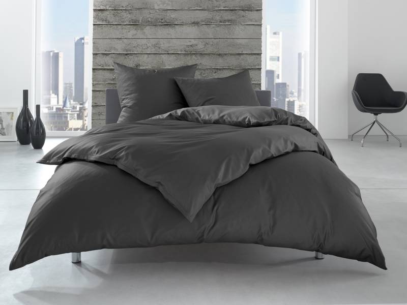 Bettwaesche-mit-Stil Renforcé / Linon Hotelbettwäsche "Lia" 100% Baumwolle anthrazit uni einfarbig Garnitur 200x200 + 2x 80x80cm von Bettwaesche-mit-Stil