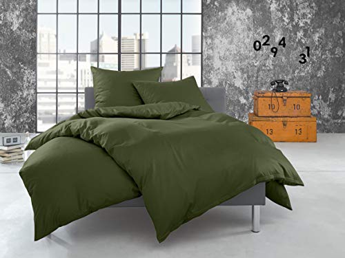 Bettwaesche-mit-Stil warme Fein Flanell Winter Bettwäsche dunkelgrün (Oliv) Uni/einfarbig 240x220 + 2X 80x80 cm - 100% Baumwolle von Bettwaesche-mit-Stil