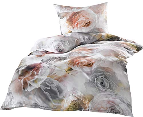 Edle Mako Satin Rosen Bettwäsche grau rosé 140x200 + 70x90 100% Baumwolle von Bettwaesche-mit-Stil