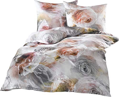 Edle Mako Satin Rosen Bettwäsche grau rosé 200x200 + 2X 80x80 100% Baumwolle von Bettwaesche-mit-Stil