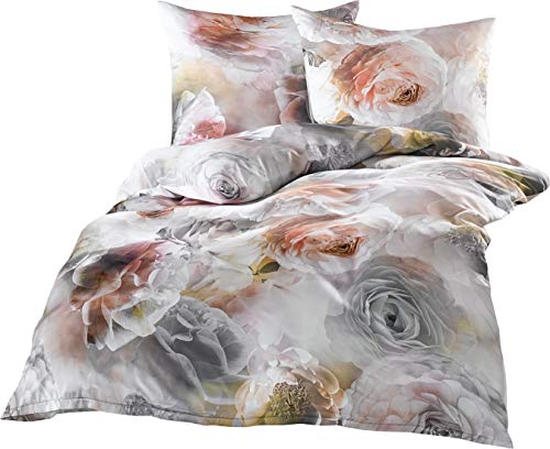 Edle Mako Satin Rosen Bettwäsche grau rosé 240x220 + 2X 80x80 100% Baumwolle von Bettwaesche-mit-Stil