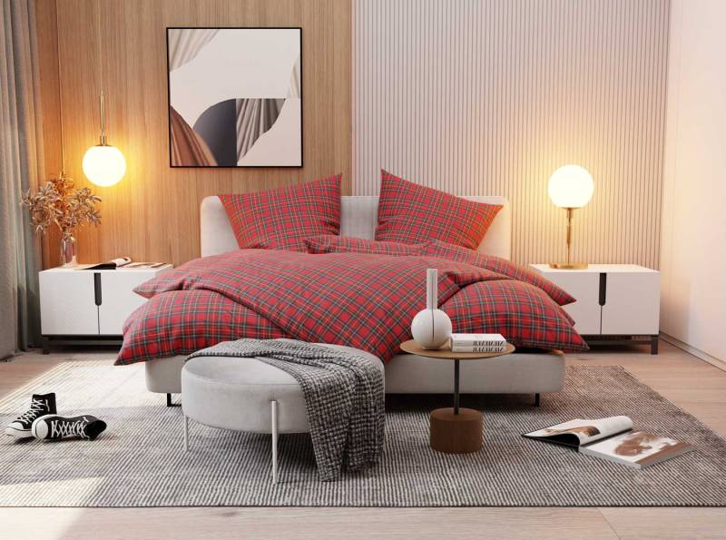 Flanell Bettwäsche Rot 200x200cm Schotten Karo Tartan kuschelig weich & warm Winter - 100% Baumwolle Reißverschluss atmungsaktiv von Bettwaesche-mit-Stil