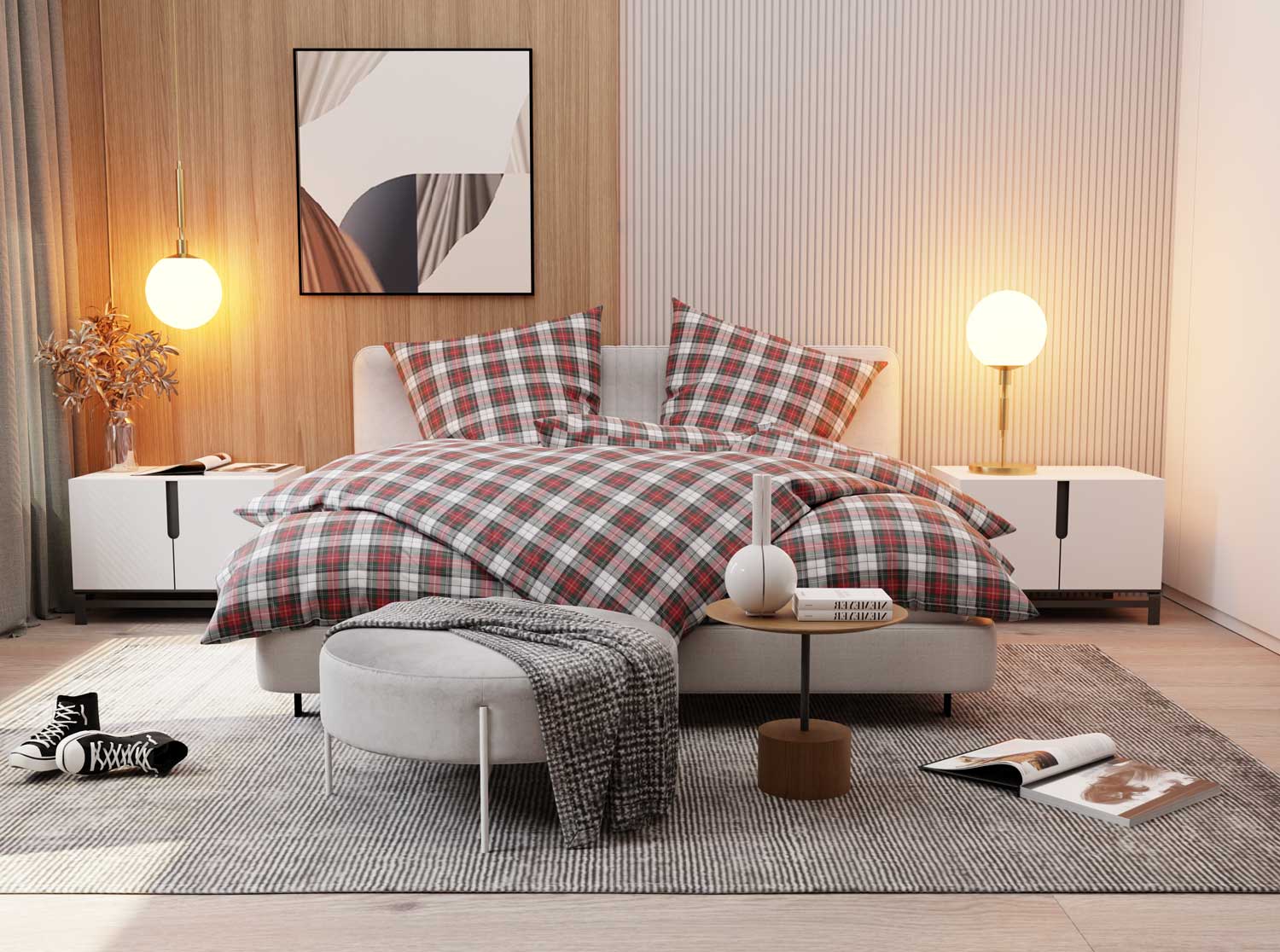 Flanell Bettwäsche Weiß 135x220cm Schotten Karo Tartan kuschelig weich & warm Winter - 100% Baumwolle Reißverschluss atmungsaktiv von Bettwaesche-mit-Stil