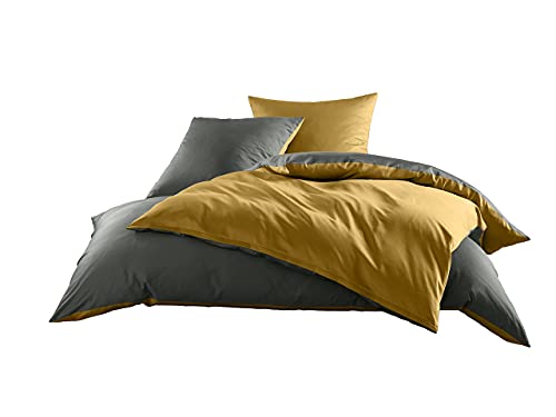 Mako Satin Baumwollsatin Wende Bettwäsche Garnitur (1x 240x220 + 2X 80x80 cm stahlgrau - Gold) von Bettwaesche-mit-Stil