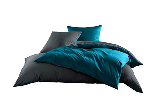 Mako Satin Baumwollsatin Wende Bettwäsche Garnitur - viele Farben und Größen (anthrazit - Petrolblau, 1x 155x200 + 1x 80x80 cm) von Bettwaesche-mit-Stil