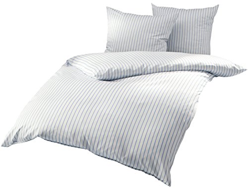 Mako Satin Bettwäsche blau weiß gestreift 200x220 + 2X 80x80 cm, 100% Baumwolle mit Reißverschluss von Bettwaesche-mit-Stil