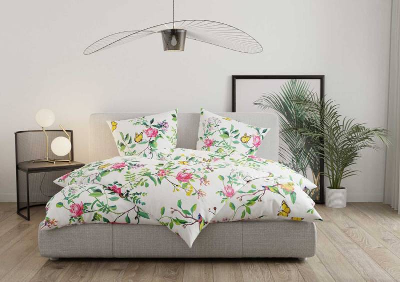Mako Satin Blumen Bettwäsche Vögel + Schmetterlinge weiß 155x220 + 80x80 von Bettwaesche-mit-Stil