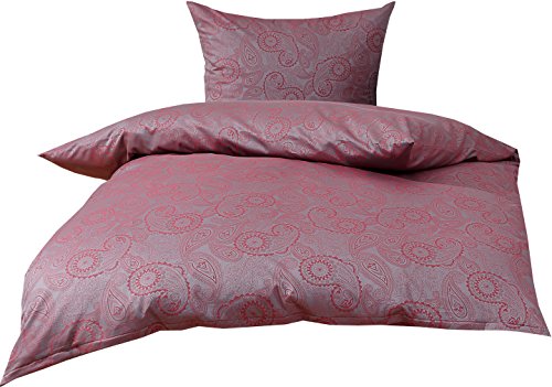 Mako Satin Damast Paisley Bettwäsche Garnitur Davos 135x200 + 80x80 rot - grau von Bettwaesche-mit-Stil