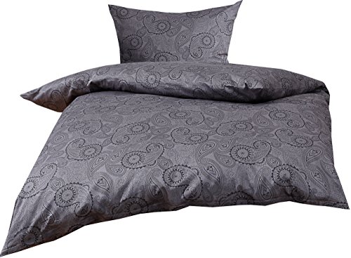 Mako Satin Damast Paisley Bettwäsche Garnitur Davos 155x220 + 80x80 schwarz - grau von Bettwaesche-mit-Stil