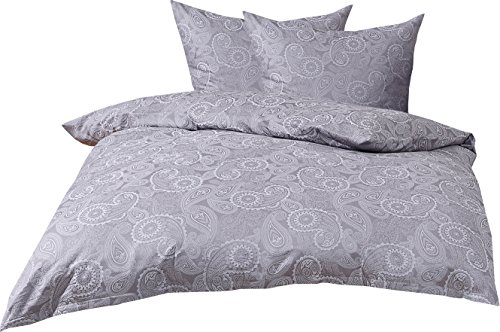 Mako Satin Damast Paisley Bettwäsche Garnitur Davos 200x220 + 2X 80x80 weiß - grau von Bettwaesche-mit-Stil