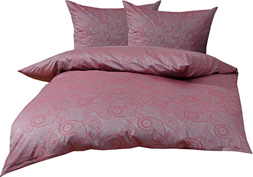 Mako Satin Damast Paisley Bettwäsche Garnitur Davos 200x220 + 2X 80x80 rot - grau von Bettwaesche-mit-Stil