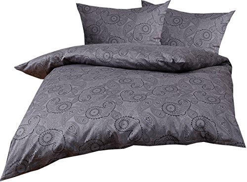 Mako Satin Damast Paisley Bettwäsche Garnitur Davos 240x220 + 2X 80x80 schwarz - grau von Bettwaesche-mit-Stil