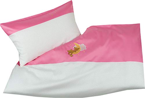 Mako Satin Kinder/Mädchen Bettwäsche Mond Bär 100x135 + 40x60 cm Rosa, 100% Baumwolle mit Bärchen Stickerei von Bettwaesche-mit-Stil