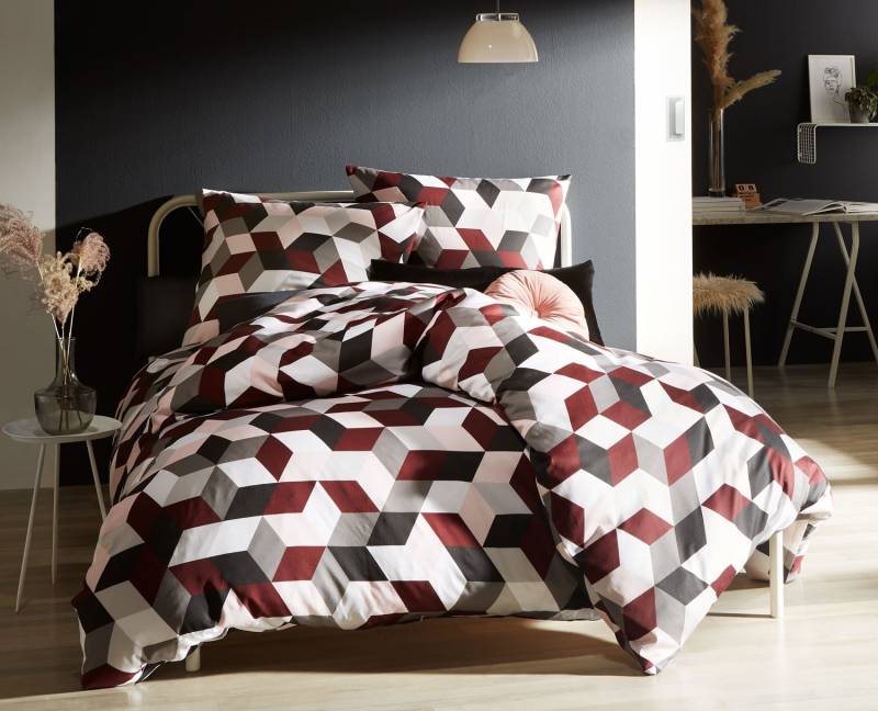 Moderner Mako Satin Kissenbezug geometrisch rot grau 40x80 von Bettwaesche-mit-Stil