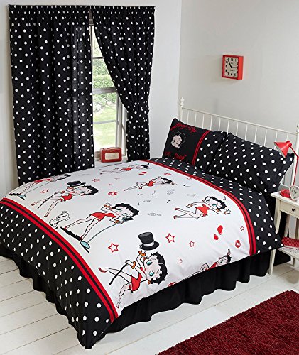 Single Bed Betty Boop Super Star, Duvet/Quilt Cover Bedding Set Fully Reversible, Singing and Dancing Music Notes Hearts Wink Lips Kiss Pudgy Dog Lines Polka Dot, Black White Red by Betty Boop von Betty Boop