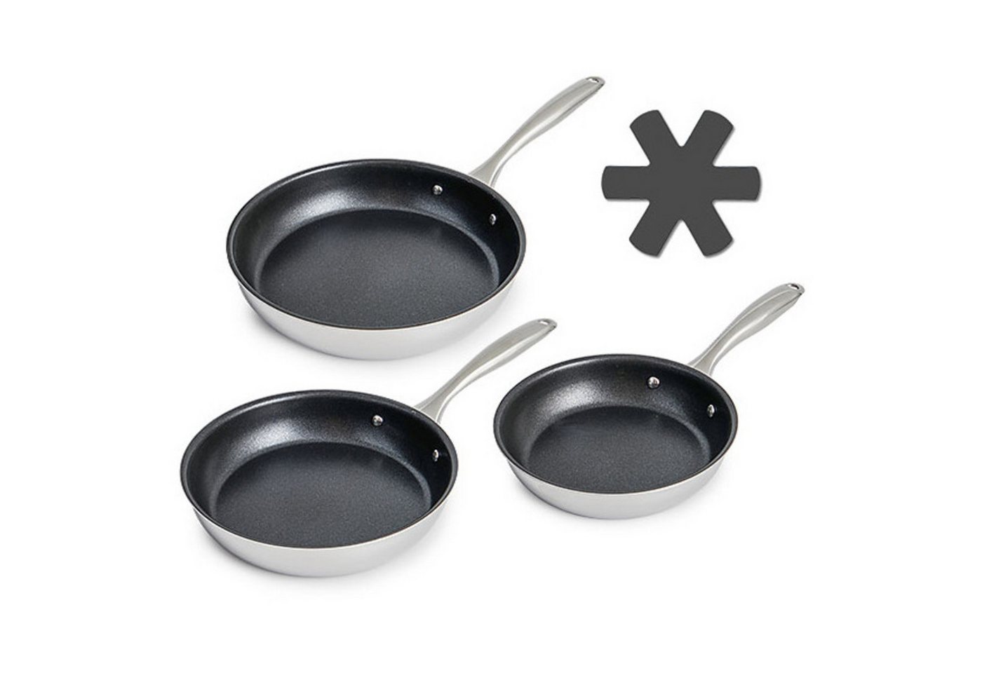 Betty Bossi Bratpfanne Bratpfannen Edelstahl - 3er-Set mit Pfannenschoner 3 Größen, Edelstahl (Set, 3 Pfannen) von Betty Bossi