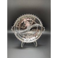 Vintage Runde Geteilte Glasschale Mit Sterling Silber Overlay Und Ausgefallenem Perlenrand - Vanity Tablett Serviertablett Kondimentschale von BettysAtticTreasures