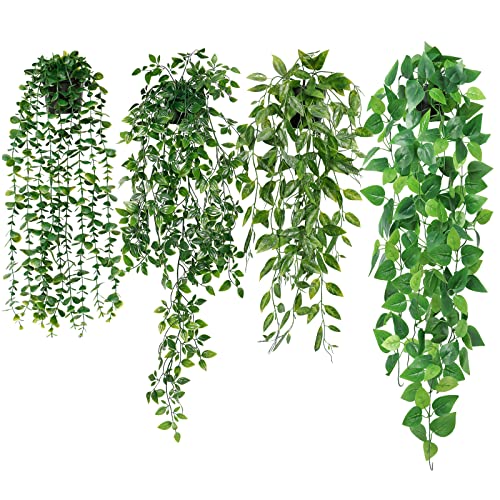 Betylifoy 4 Stück Künstliche Hängepflanzen, Eukalyptus Blätter mit Töpfen Wartungsfreie Künstliche Pflanzen Rebe für Hausgarten Indoor Outdoor Decor (Pothos) von Betylifoy