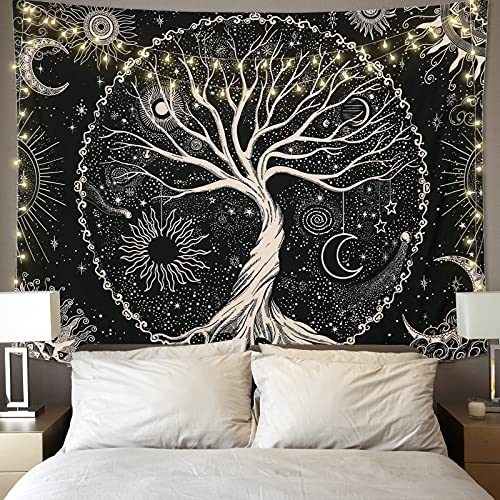 Betylifoy Baum des Lebens Tapisserie Mond und Sonne Schwarzer Wandbehang Tapisserie Psychedelisches Mandala Stern Wandteppich Hippie Tapisserie für Schlafzimmer (Baum, 175x230cm) von Betylifoy