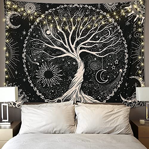 Betylifoy Baum des Lebens Tapisserie Mond und Sonne Schwarzer Wandbehang Tapisserie Psychedelisches Mandala Sternenhimmel Wandteppich Hippie Tapisserie für Schlafzimmer (148x200cm) von Betylifoy