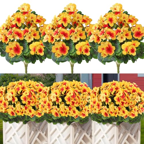 Betylifoy Künstliche Blumen im Freien 44CM Künstliche Geranien Seidenblumen 3 Bündel Kunststoff Gefälschte Blumen im Freien Künstliche Pflanzen UV-beständig für Indoor Garten Vase Tisch (Gelb) von Betylifoy