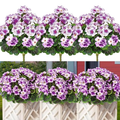 Betylifoy Künstliche Blumen im Freien 44CM Künstliche Geranien Seidenblumen 3 Bündel Kunststoff Gefälschte Blumen im Freien Künstliche Pflanzen UV-beständig für Indoor Garten Vase Tisch (Lila) von Betylifoy
