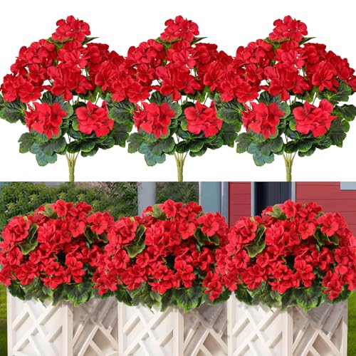 Betylifoy Künstliche Blumen im Freien 44CM Künstliche Geranien Seidenblumen 3 Bündel Kunststoff Gefälschte Blumen im Freien Künstliche Pflanzen UV-beständig für Indoor Garten Vase Tisch (Rot) von Betylifoy