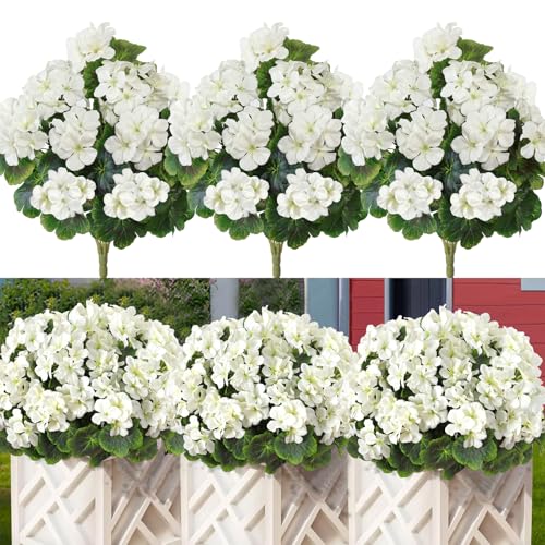 Betylifoy Künstliche Blumen im Freien 44CM Künstliche Geranien Seidenblumen 3 Bündel Kunststoff Gefälschte Blumen im Freien Künstliche Pflanzen UV-beständig für Indoor Garten Vase Tisch (Weiß) von Betylifoy
