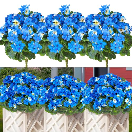 Betylifoy Künstliche Blumen im Freien 44CM Künstliche Geranien Seidenblumen 3 Bündel Kunststoff Gefälschte Blumen im Freien Künstliche Pflanzen UV-beständig für Indoor Garten Vase Tisch (Blau) von Betylifoy