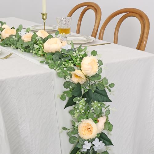 Betylifoy Künstliche Blumengirlande Hängepflanze 2 Stück Kunstblumen Hängend 190CM Eukalyptus Deko mit Pfingstrosen Eukalyptus Grüngirlande für Haus Party Hochzeit Tischdekoration (2, Champagner) von Betylifoy