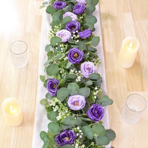 Betylifoy Künstliche Blumengirlande Hochzeit Rosenrebe Girlanden 2 Stück, Kunstblumen Eukalyptus Girlande Hängende Girlande Weiße Künstliche Pflanze für Hintergrund Party Dekor (Lila, 2pcs) von Betylifoy