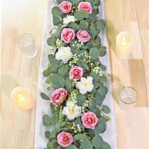 Betylifoy Künstliche Blumengirlande Hochzeit Rosenrebe Girlanden 2 Stück, Kunstblumen Eukalyptus Girlande Hängende Girlande Weiße Künstliche Pflanze für Hintergrund Party Dekor (Weiß&rosa, 2pcs) von Betylifoy