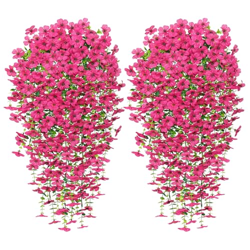 Betylifoy Kunstblumen Hängend 4 Stück Künstliche Hängepflanzen wie Echt 76cm Lang Kunstblumen Outdoor Wetterfest Künstliche Pflanzen UV-Beständig für Draußen Garten Balkon Dekoration (Rosenrot) von Betylifoy