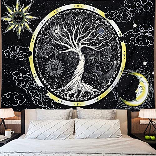 Betylifoy Psychedelic Mond und Sonne Tapisserie Baum des Lebens Wandbehang Tapisserie Schwarz und Weiß Galaxie Wandteppich Hippie Wand Kunst Tuch für Schlafzimmer (Sonne, 130x150cm) von Betylifoy