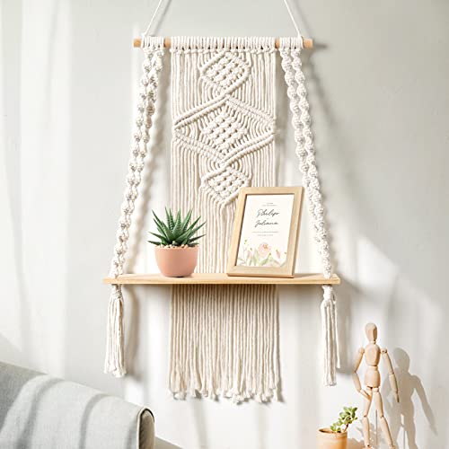 Betylifoy Wandregal Holz, Makramee Regal Boho Wanddeko Hänge Regal Hängender Pflanzer Handgewebte Schweberegal für Badezimmer Wohnzimmer Kinderzimmer Balkon (Rhombus) von Betylifoy