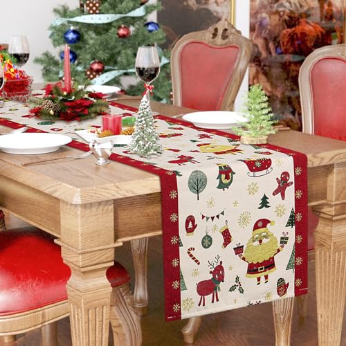 Betylifoy Weihnachten Tischläufer Weihnachtstischläufer Rot Weihnachtsmann Schneeflocke Tischläufer Winter Abwaschbar Weihnachtstischdecke Stickerei für Weihnachten Party Esstisch Dekor, 35x180cm von Betylifoy