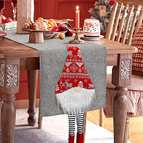 Betylifoy Tischläufer Weihnachten Santa Gnomes mit Lange Beinen Xmas Rustikale Tischwäsche Grauer Tischläufer für Weihnachts Feiertags Dekoration Xmas Feier (Grau) von Betylifoy
