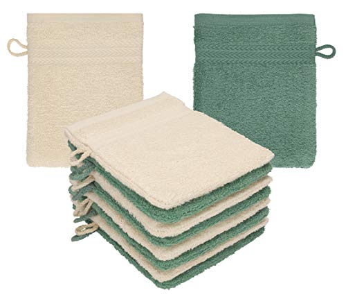 Betz 10 Stück Waschhandschuhe Premium 100% Baumwolle Waschlappen Set 16x21 cm Farbe Sand - tannengrün von Betz