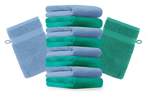Betz 10 Stück Waschhandschuhe Premium 100% Baumwolle Waschlappen Set 16x21 cm Farbe smaragdgrün und hellblau von Betz
